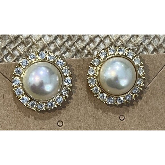 Roman VTG Simulated Pearl Rhinestone Gold Tone Clip On Earrings Regency 1950s - Picture 3 of 9